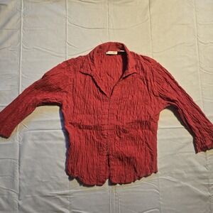 Andrew & Co Bright Red Hook & Eye Polo Top Ruffled Textured Y2K 3/4 Sleeve M